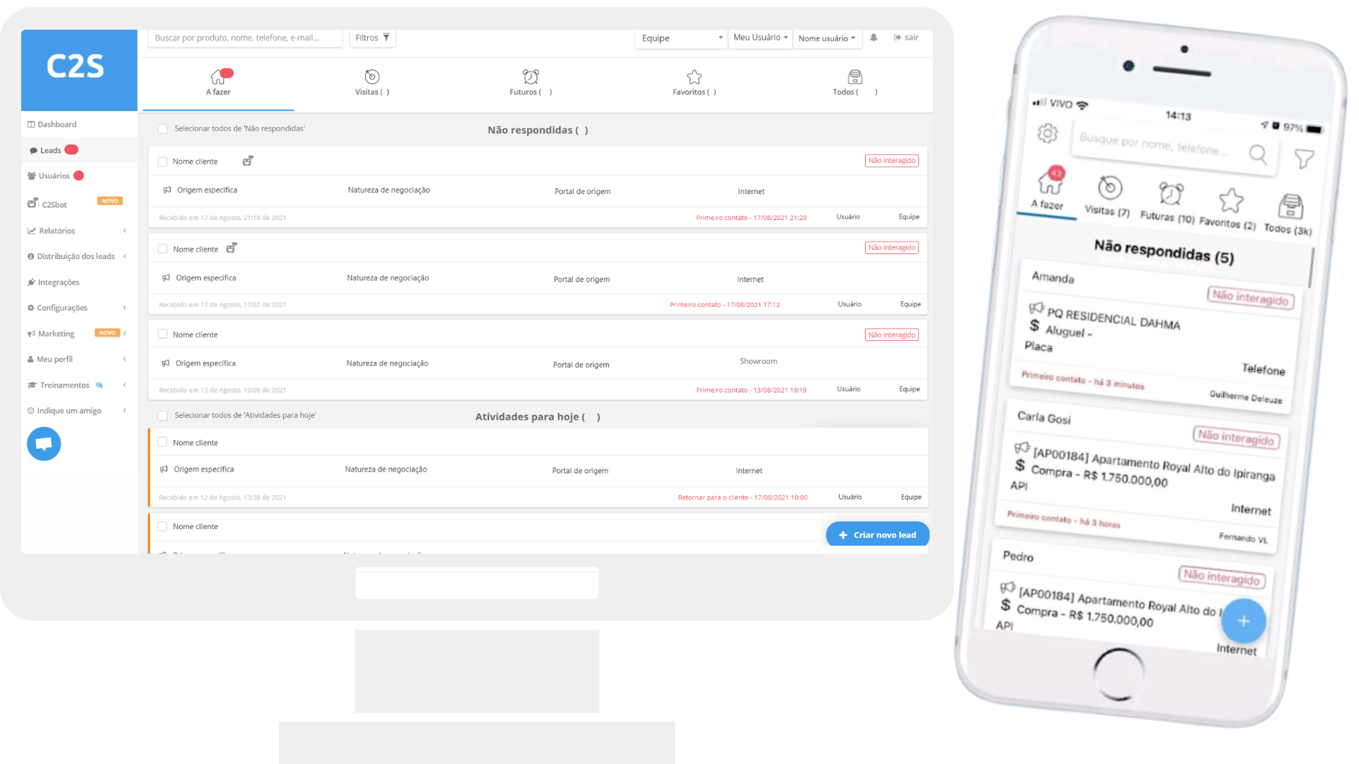Gestor de leads C2S no webapp computador e aplicativo do celular com tela inicial dos leads